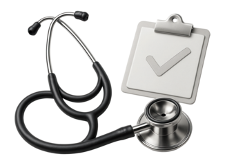 Stethoscope with checkmark and clipboard representing medical diagnosis and health insurance concept.