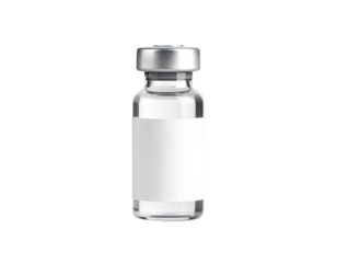 A small empty transparent vaccine ampoule bottle mockup with a white label isolated on a transparent background.