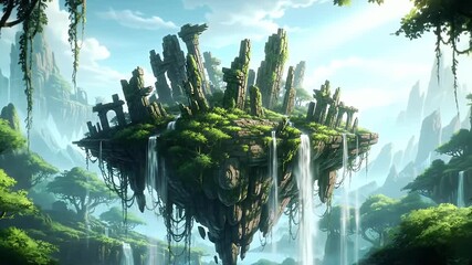 Floating Minecraft Island With Lush Waterfalls and Jungle Landscape in Green and Blue