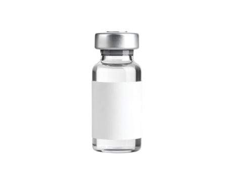 A small empty transparent vaccine ampoule bottle mockup with a white label isolated on a transparent background.