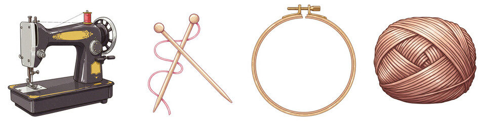 Set of isolated sewing tools including sewing machine, yarn, and embroidery hoop  
