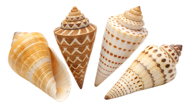 four common sea shell cones collection  isolated on transparent background