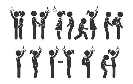 Bundle set of isolated pictogram icons showing sexual harassment, pickpocketing, and crime in public transport, used as safety signs for bus and train.