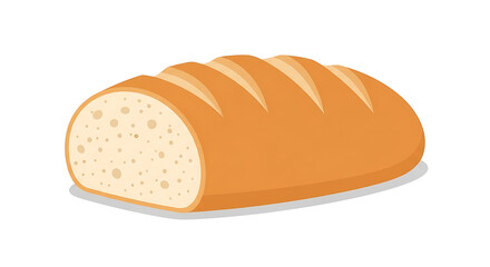A freshly baked loaf of white bread, sliced in half to show the soft texture. A simple vector illustration isolated on a white background representing nourishment.