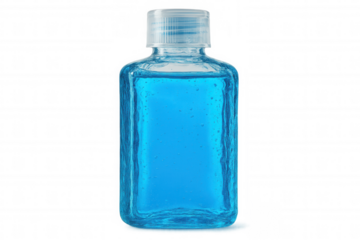 Blue sanitizer gel bottle providing hand disinfection, positioned against clear background for medical safety