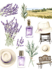 Watercolor clip art collection "Provence: Lavender". Exquisite elements of the French countryside: lavender sprigs and bouquets, olive branches, vintage perfume bottles, wrought iron furniture, sun ha
