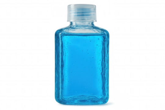 Blue sanitizer gel bottle providing hand disinfection, positioned against clear background for medical safety