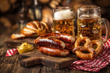 Bavarian sausages with pretzels, sweet mustard and beer on a rustic wooden table. MZ 