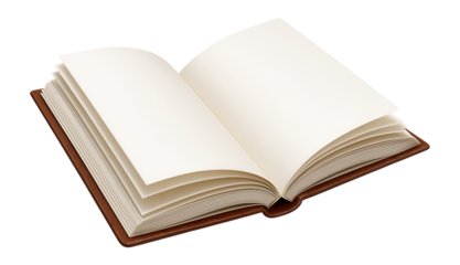 Open book with blank pages and brown cover.