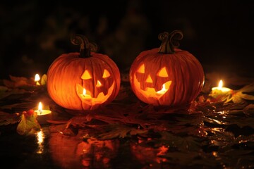 Fototapeta premium Candle lit Halloween Pumpkins. MZ 