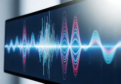 Abstract digital display showing a vibrant audio waveform with dynamic light bars and undulating lines against a dark background, symbolizing sound or data analysis. - Powered by Adobe