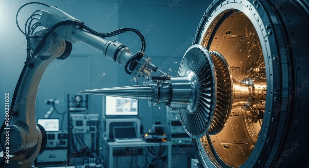 Poster robotic arm positioning a hydrogen turbine blade in the spintest chamber demonstrating automated tes