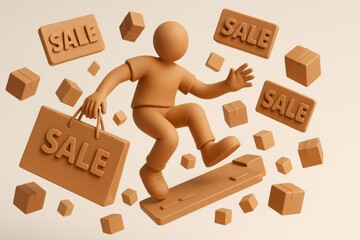 Online shopping frenzy deal hunter virtual marketplace 3d illustration creative space dynamic perspective consumerism