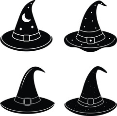 Spooky Halloween Witch Hat Set in Black Silhouette Clipart for Party Decorations on Transparent Background