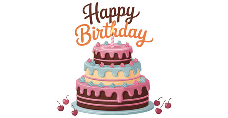  Three-tiered birthday cake with pink, blue, and yellow icing, cherries, and “Happy Birthday” text in decorative font on white background