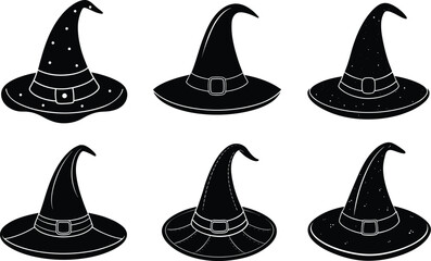 Witch Hat Silhouette Set in Black and White Isolated for Halloween Theme Clipart
