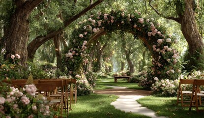 A romantic outdoor ceremony setup with a floral arch and wooden chairs. Pathway leads to a table beneath dappled light