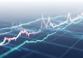 Abstract digital display showing financial market data trends with glowing candlestick charts and lines, ideal for investment, cryptocurrency, or tech concepts.