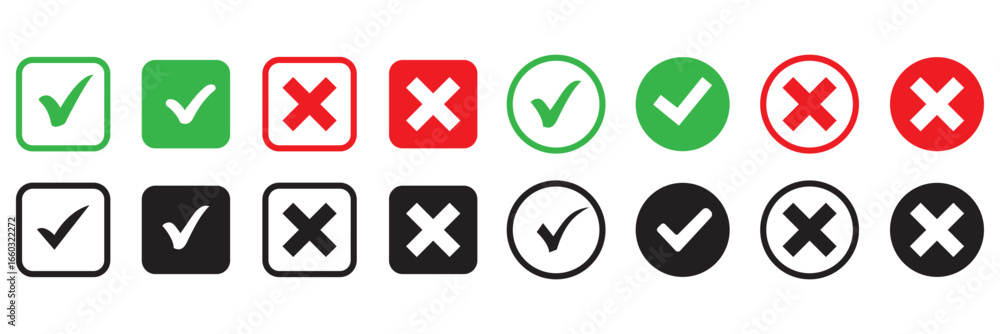 Poster set of tick mark in green and cross mark in red colour and stroke with white background, check and c