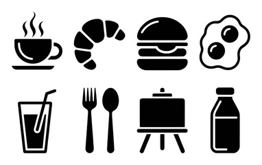 Collection of black and white food and drink icons, including coffee, croissant, burger, eggs, drink, cutlery, easel, and milk