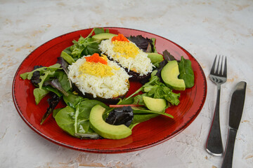 Cheese and avocado salad with herbs in a red plate plate