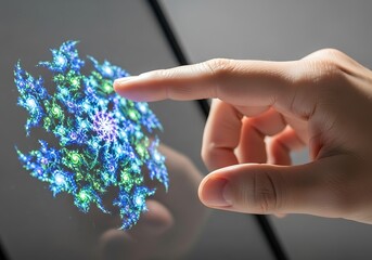 Interactive digital art on a tablet, showing a hand touching a glowing, complex blue and green fractal design. Ideal for technology and creativity themes.