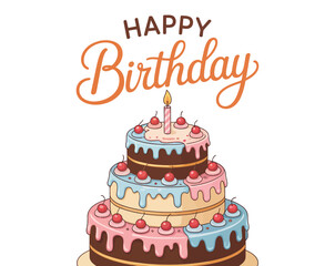  Three-tiered birthday cake with pink and blue icing, cherries, and single candle, featuring decorative “HAPPY Birthday” text above