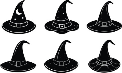 Spooky Halloween Vector Pack of Witch Hats Black Silhouettes on Transparent Background