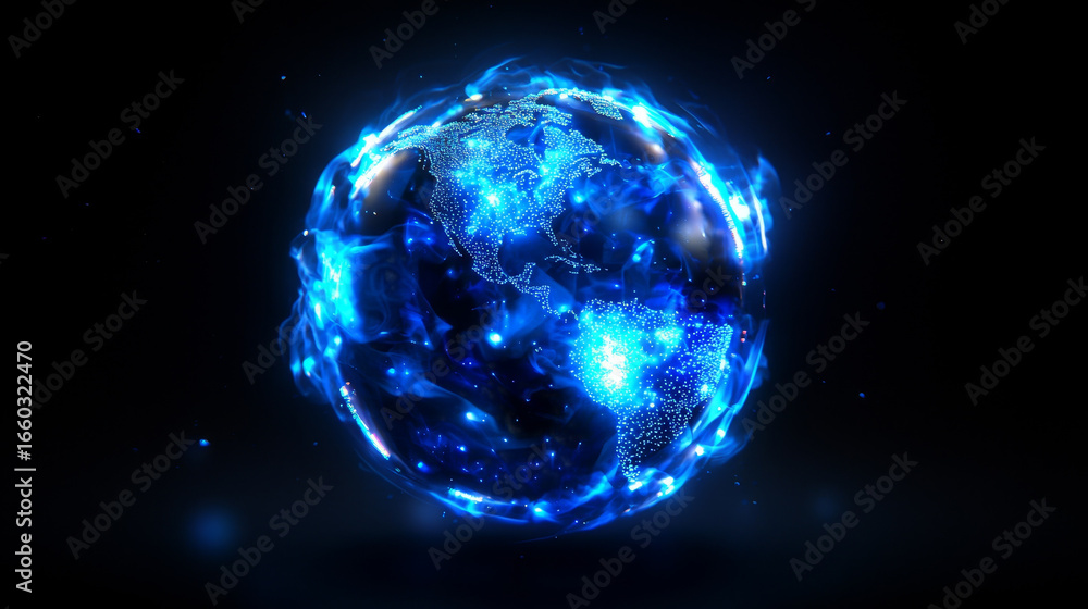 Poster hyper realistic floating hologram globe showcasing americas, illuminated with vibrant blue light and