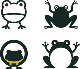 Set of four unique frog icons, showcasing different styles including line art and solid silhouette designs.