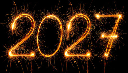 Number 2027 made of fire sparks, glowing orange, energetic effect.