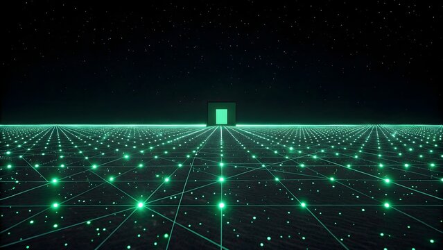 Abstract Network Grid with Glowing Nodes Leading to a Central Green Cube Portal