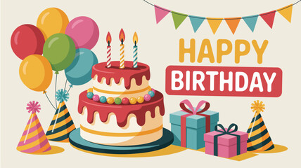 Colorful birthday party scene with cake, balloons, gifts, bunting flags, and festive “Happy Birthday” text on bright decorative background