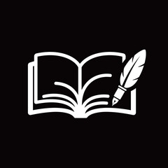 Simple white icon of an open book with a quill pen on a black background, representing literature, writing, and education.