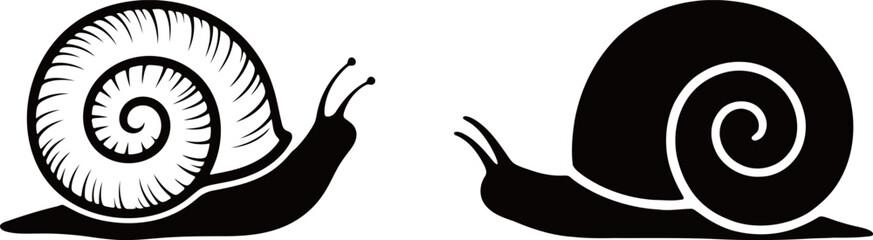 Set of stylized snails. Black and white graphic icon with a detailed shell and a clean, simple silhouette.