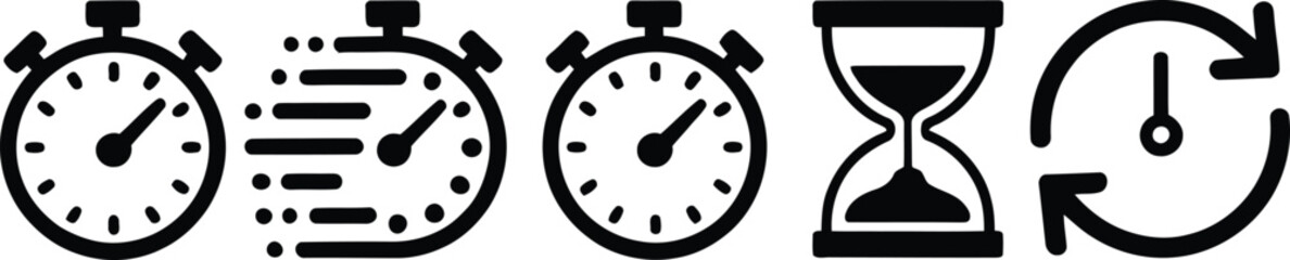 Vector icon collection of timers, stopwatches, and hourglasses for measuring speed and urgency