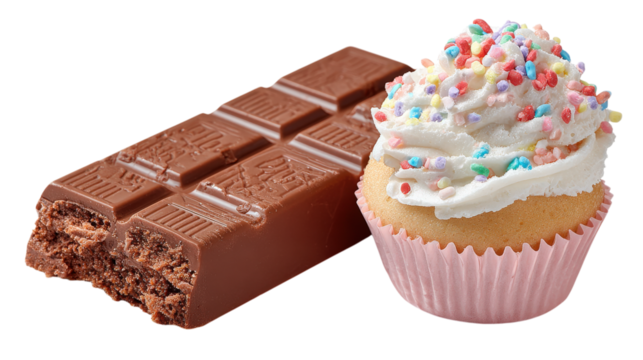 Chocolate Bar and a Vanilla Cupcake with Colorful Sprinkles on a Checkered Background for Sweet Cravings - Powered by Adobe