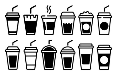 Collection of Black and White Icons of Various Disposable Drink Cups
