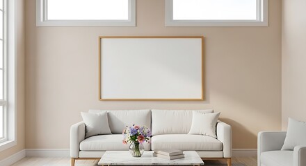 Bright living room with white couch, flowers, and blank picture frame mockup