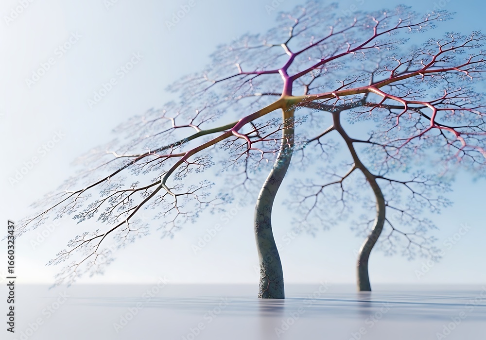 Fototapete an ethereal digital artwork depicting two abstract fractal trees with intricate, branching structure