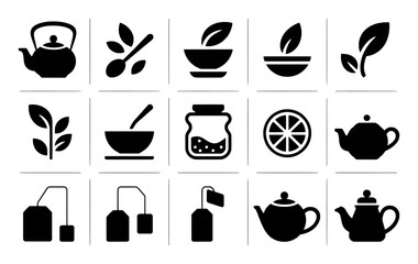 Collection of Black and White Icons Related to Tea and Herbal Infusions