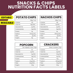 Fototapeta premium Snacks & Chips Nutrition Facts Labels, Potato chips Nutrition Facts , nachos Nutrition Facts , popcorn Nutrition Facts , crackers Nutrition Facts 