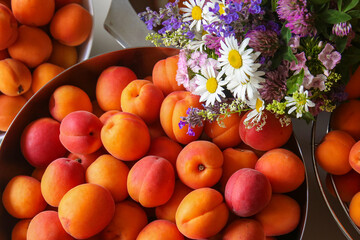 Ripe, juicy apricots in bowls and a bouquet of wildflowers made of daisies, clover, and other flowers