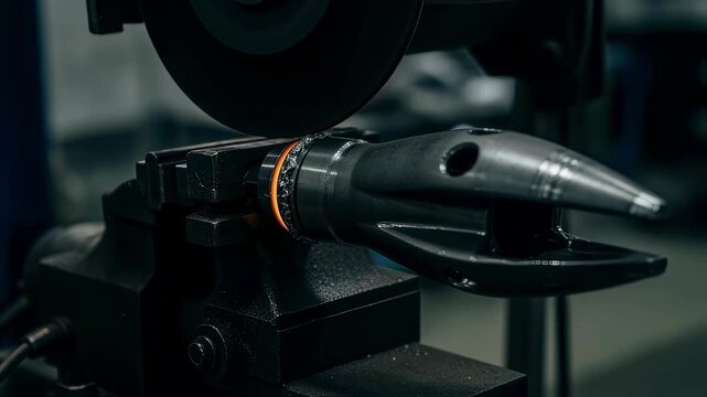 Vibrant image showing sparks flying as a grinding wheel smooths the edges of a railgun projectile sabot component.