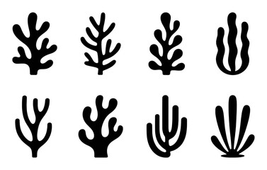 Collection of Black and White Stylized Coral and Seaweed Icons