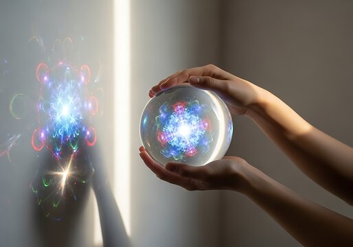 Hands cradle a luminous crystal ball emitting a vibrant, colorful energy, casting a magical fractal reflection on the wall. Ideal for themes of future, spirituality, and wonder.