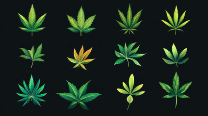 Cannabis marijuana icon set featuring hemp leaves, medical weed logo, isolated vector illustration.