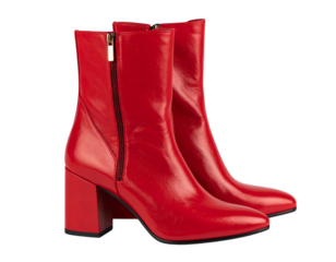  “Elegant Red Leather Ankle Boots with Block Heels, isolated on transparent background”.