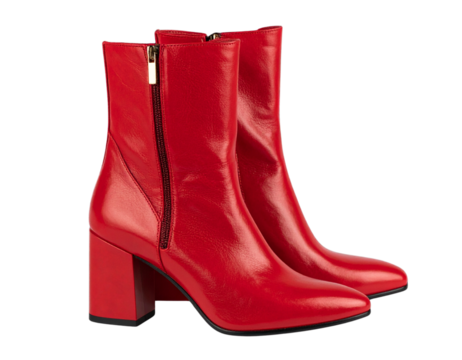  “Elegant Red Leather Ankle Boots with Block Heels, isolated on transparent background”.