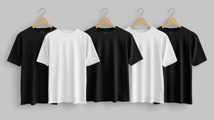 Oversized T-shirt mockups in white, black, and heather colors, displayed on a wooden hanger, back view. Unisex apparel template for branding and advertising, isolated background.